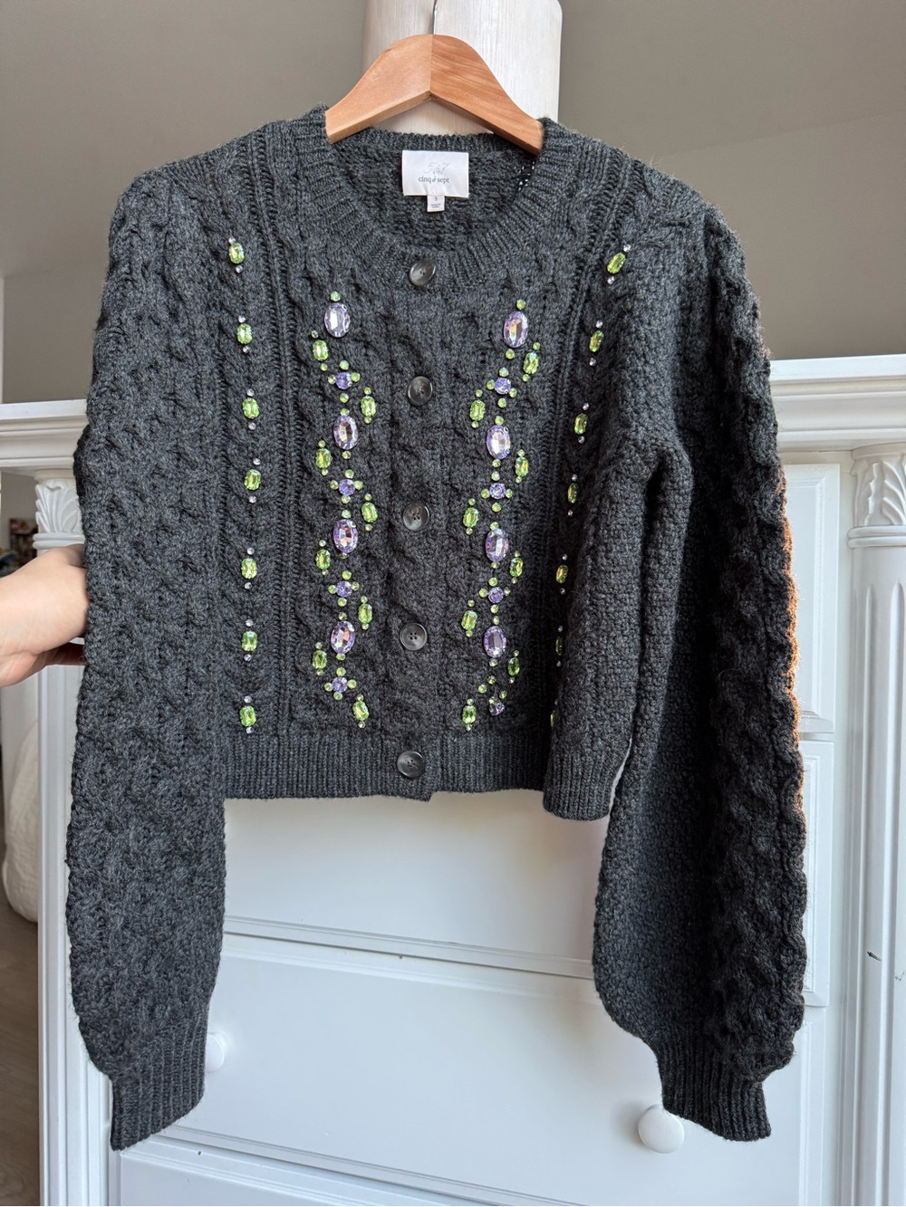 Cinq à Sept Embellished Cable Knit Cropped Cardigan Size S - Picture 5 of 15